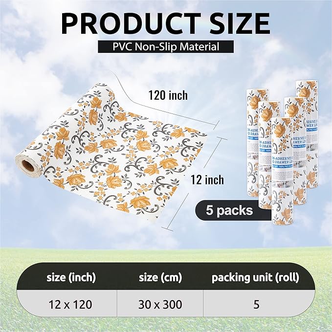 FIFTY FEET 12X120 Inch Shelf Liner for Kitchen Cabinets, PVC Drawer Liner for Dresser Non-Slip Bathroom, Non-Adhesive Cabinet Liner Washable (Yellow Floral)(5 Roll)