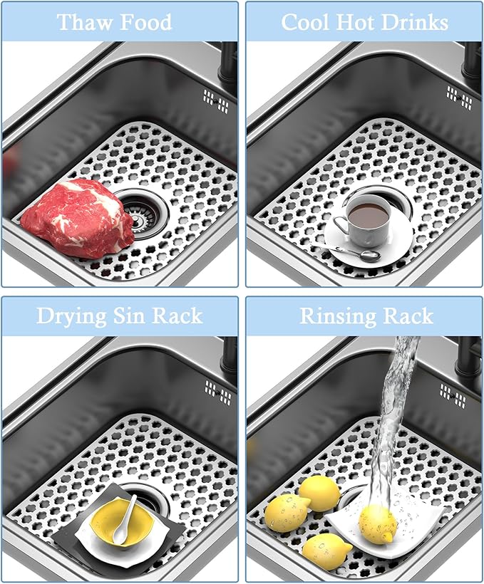 BEHOK Silicone Sink Protector for Kitchen Bathroom Sink, 2 Pack 13.58"x 11.6" Heat-resistant Mat, Non-Slip and Durable Silicone Protectors, Center Drain (White)