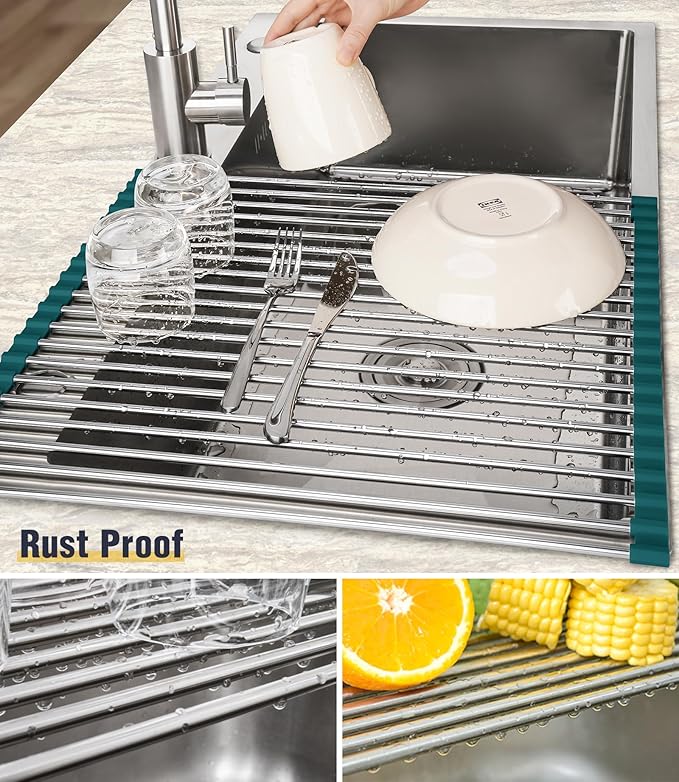 Tomorotec Stainless Steel Roll Up Dish Drying Rack, Foldable Over The Sink Rolling Drainer Rack, Multipurpose Kitchen Gadget Draining Caddy Organizer, Space Saving Sink Accessory Storage Shelf Holder