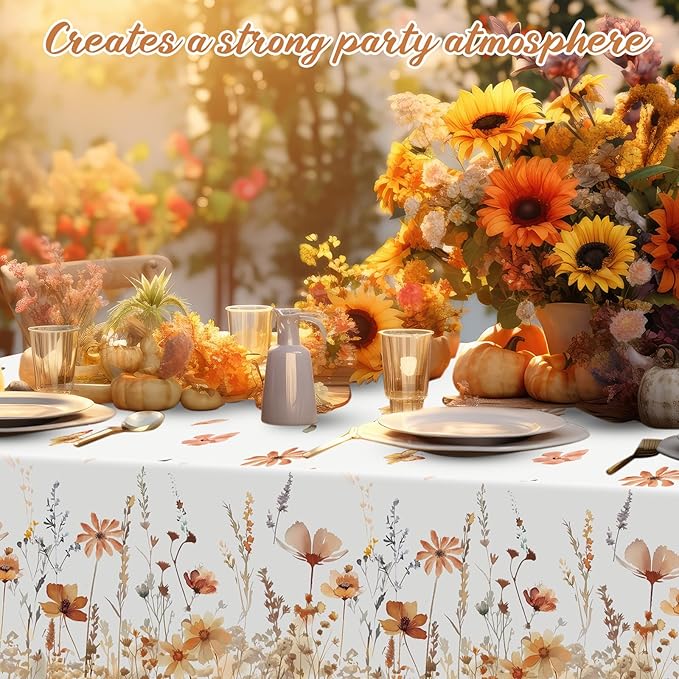 Ganeen 3 Pcs Fall Floral Tablecloth Disposable Plastic Table Covers Thanksgiving Autumn Harvest Wildflower Waterproof Tablecloths for Autumn Thanksgiving Birthday Wedding Party Decor, 54 x 108 Inch