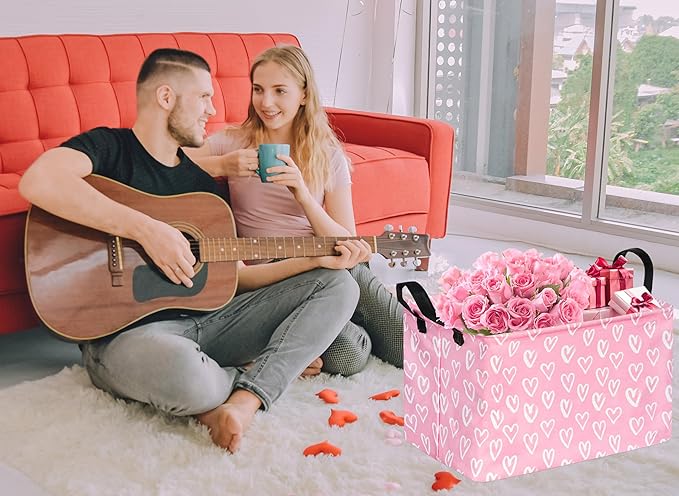 Rec Heart Print Box Hamper Storage Basket Collapsible Organizer Bin Gift Shelf Baskets for Home and Kitchen Storage