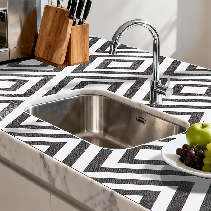FIFTY FEET 12"x120" Non-Adhesive Shelf Liner for Kitchen Cabinets and Drawers, Washable Non-Slip PVC Cabinet Liner (Black Plaid)(7 Roll)
