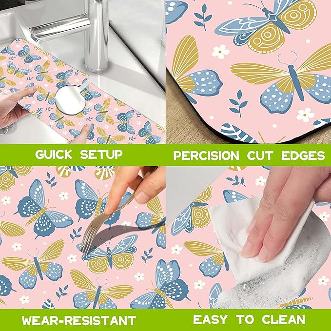 Kitchen Sink Splash Guard Faucet Mat Super Absorbent Fast Drying Mat Guard Behind Faucet Drip Catcher for Kitchen Bathroom (Butterflies and Chamomile, 23.5"X5.5")