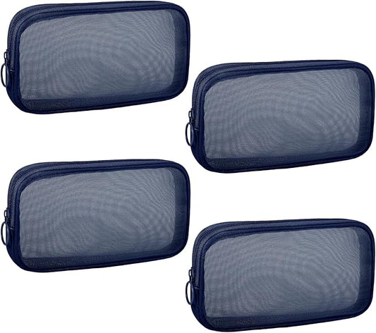 4 Pieces Mini Zipper Nylon Mesh Pouch, Mesh Cosmetic Bags Makeup Bags, Multipurpose Travel Toiletry Bags for Office Supplies and Travel Accessories (Navy Blue, M)