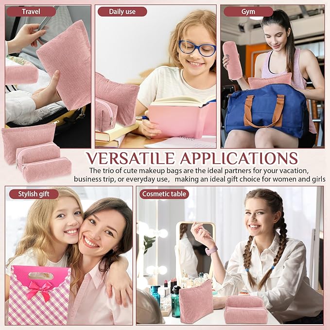 3 Pcs Makeup Bag Set for Women Corduroy Cosmetic Pouch Aesthetic Smile Travel Toiletry Bag Cute Purse Pouch Pencil Case Makeup Brushes Storage Organizer for Christmas(Pink,Solid Style)
