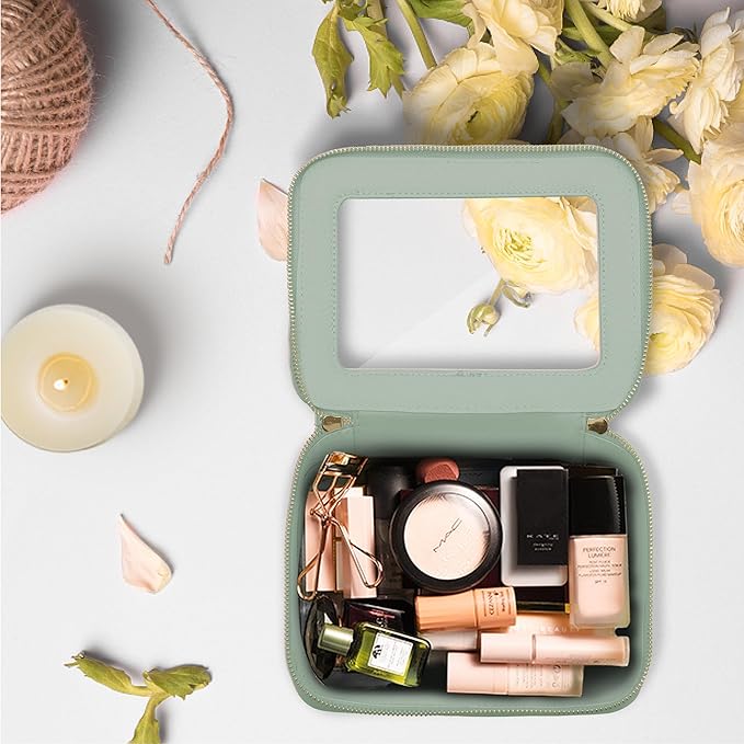 Prite Clear Makeup Bag Cosmetic Organizer Case Waterproof Travel Toiletry Bag Skincare Pouch with Golden Zipper (Green)