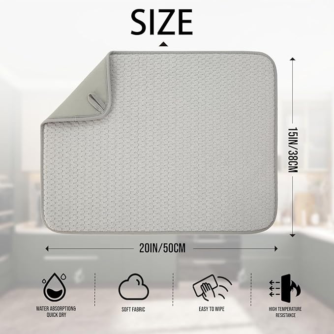 VESHE 2 Pack Microfiber Dish Drying Mat for Kitchen Counter,Ultra Absorbent Dish Drainer Mat ,Dish Drying Pad , Dish Rack Mat 20×15 Inch (Silver Gray)