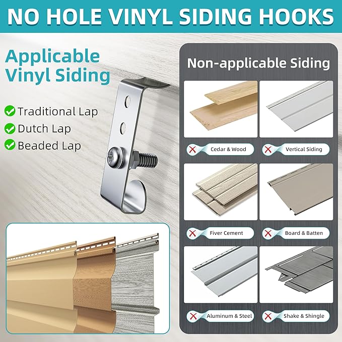 Amuille No Hole Siding Hooks 20 Pack, Vinyl Siding Clips with Screws, Outdoor Siding Hanger Camera Mount for Home Security Camera, Porch Decor, Doorbell, Plaques
