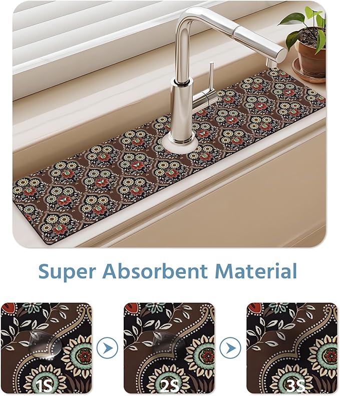 Patterned Sink Faucet Mat Kitchen Splash Guard Super Absorbent Drying Mat, Non-Slip Drain Pad for Kitchen Counter or Bathroom-24x5.5in