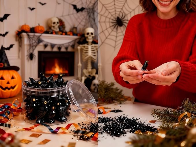 100 Pcs Halloween Miniature Crows Ravens Decor Mini Resin Crows Black Bird Figurines for Halloween Gothic Decor, Home Tabletop Shelf Centerpieces, Party Favors Gift,with Storage Box