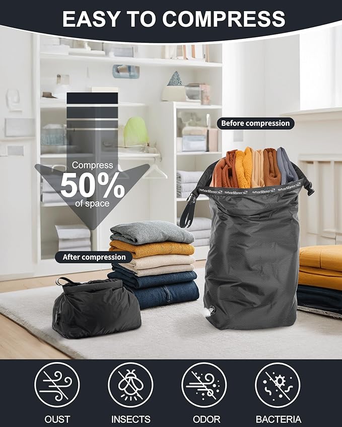 Travel Laundry Bag, Pump-Free Vacuum Compression Dirty Clothes Bag, Small Reusable Waterproof & Washable Laundry Bag, Wet and Dry Bag, Ideal for Suitcases, Road Trip Essentials (1 Pcs) Black