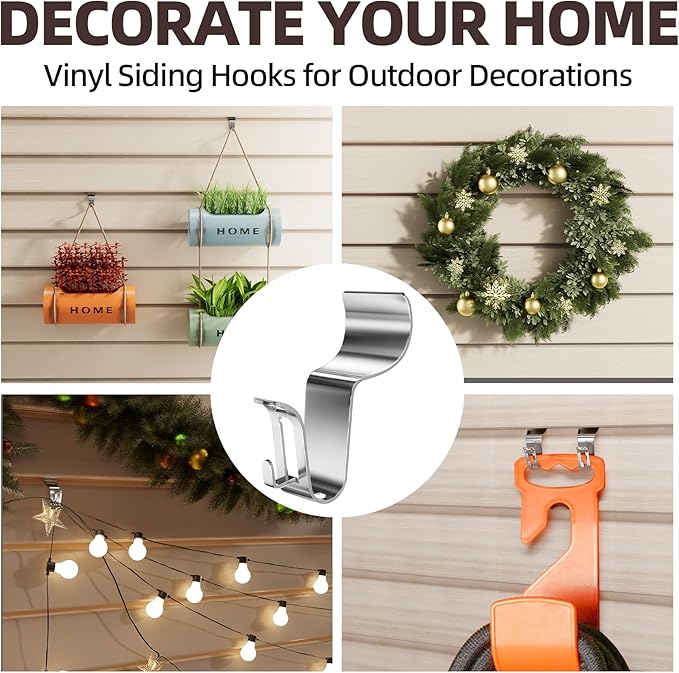 Amuille 12 Pack Vinyl Siding Hooks for Lights, No Hole Heavy Duty Siding Clips for Hanging Wreaths, String Lights, Porch Sign, Christmas Decor and Plant Hooks