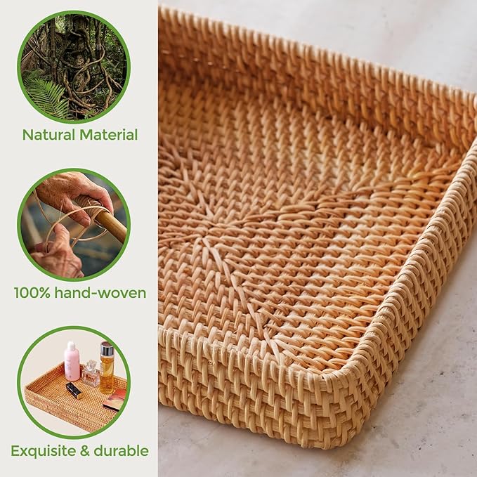 Wicker Storage Basket, Rattan Tray Rectangular for Bathroom Living Room, Decorative Serving Woven Trays Wicker Baskets for Organizing, Woven Seagrass Tray for Storage Home Decor L(14.6" × 9.1")