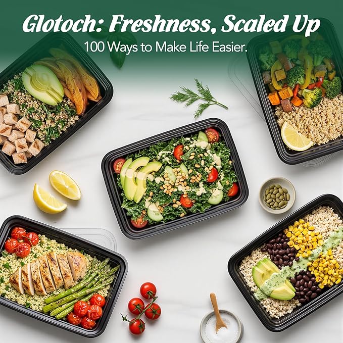 Glotoch Meal Prep Containers 32oz 100 Pack(200 Piece) with Lids, Reusable 1-Compartment Food Storage Containers, Bento Lunch Boxes, Microwave/Freezer/Dishwasher Safe, BPA-Free Takeout Boxes