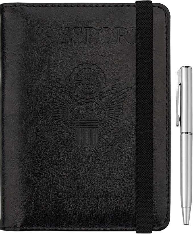 WALNEW Passport Holder for Travel, RFID Passport Cover Wallet for Women Men, PU Leather Passport Book Card Holder Case with Pen, Travelling Essentials for Flying