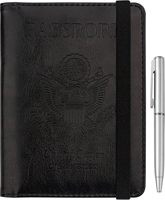 WALNEW Passport Holder for Travel, RFID Passport Cover Wallet for Women Men, PU Leather Passport Book Card Holder Case with Pen, Travelling Essentials for Flying