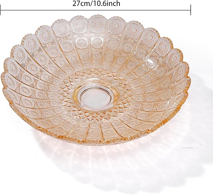Unique Gold Flower-Shaped Crystal Glass Decorative Footed Bowl - 10.6 inch Diameter, Tabletop Fruit Plate, Dessert Plate, Cake Plate, Candy Tray, Wedding Home Decor.