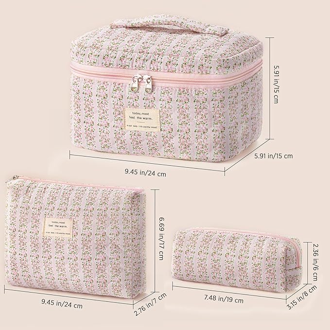 HBselect Quilted Makeup Bag, 3PCS Cotton Large Travel Makeup Bag, Cute Floral Coquette Make up Bag Cosmetic Bag Toiletry Bag for Women Girls