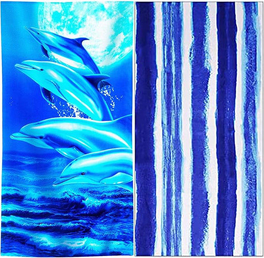 Genovega 2 Packs Oversized Beach Towel Set Extra Large Big XL Pool Camping Swim Clearance Towels 36x72 Soft Blanket Cruise Essentials Accessories Must-Haves Vacation Necessities Adult Stripe Dolphins