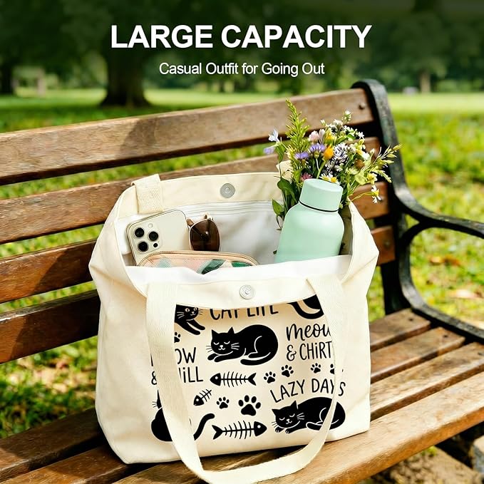 MOLOVA】Printed Canvas Tote Bag for Women - Inner Zipper Pocket & Magnetic Closure, Versatile Hand Shoulder Carry, 15x16 Inch Large Capacity for Work Travel Shopping, Cat1