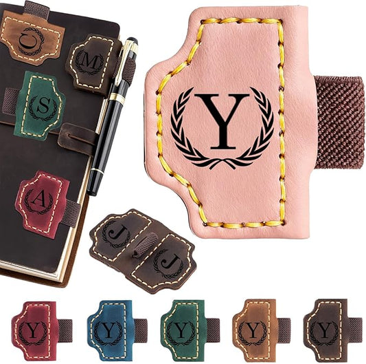 Artlaza Personalized Magnetic Leather Bookmark with Pen Holder - 26 Letters Custom Book Mark with Name Initial Engraved Book Marker for Readers, Book Lovers, Travelers - Gift for Women & Men(Pink，Y