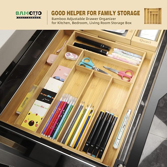 Expandable Bamboo Kitchen Drawer Organizer – Silverware Organizer, Utensil Holder & Cutlery Tray Drawer Dividers for Flatware (20"x16.9" Large Size, 8 Slot, Natural)