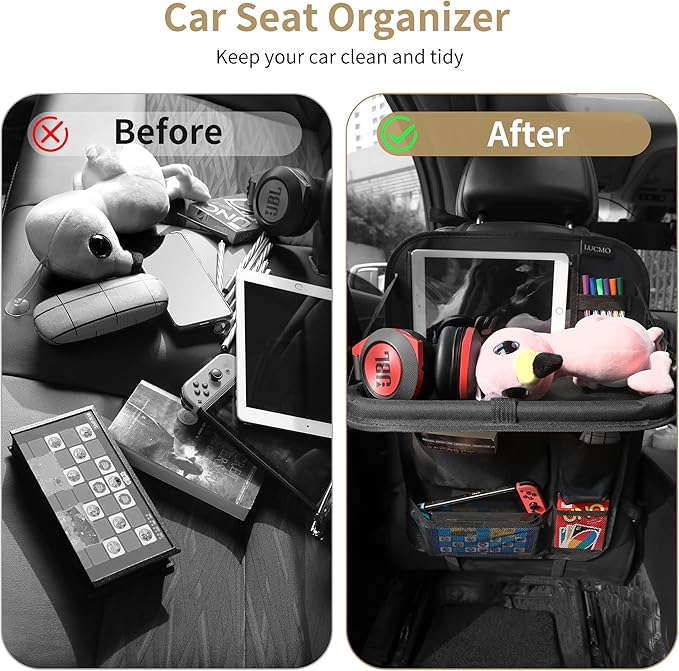 LUCMO Car Backseat Organizer with Touch Screen Tablet Holder, 9 Storage Pockets, Protectors Kick Mats, Travel Accessories (Black, 2 Pack with Food Tray)