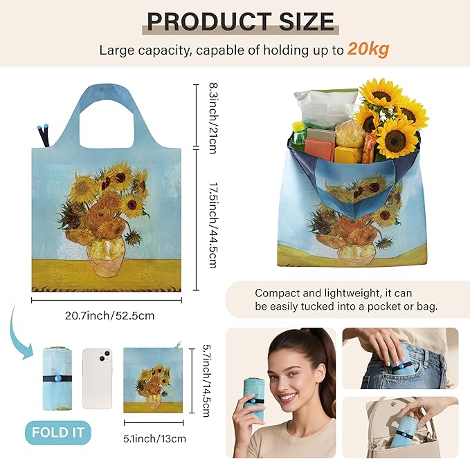 Reusable Grocery Bags, Oil Painting Art Tote Bags With Carry Pouch Waterproof Shopping Bags for Travel Daily Use