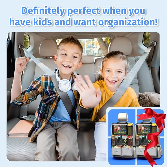 Car Backseat Organizer with Tablet Holder, 11 Storage Pockets with Foldable Food Tray, Protector Kick Mats for Kids, Travel Accessories Organizer (Gray, 2-Pack)