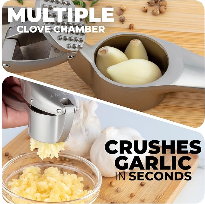 Zulay Kitchen Premium Garlic Press Set – Rust Proof & Dishwasher Safe Garlic Mincer Tool with Silicone Garlic Peeler & Brush, Easy Squeeze & Clean, Ergonomic Soft Grip Handle - Medium – Silver