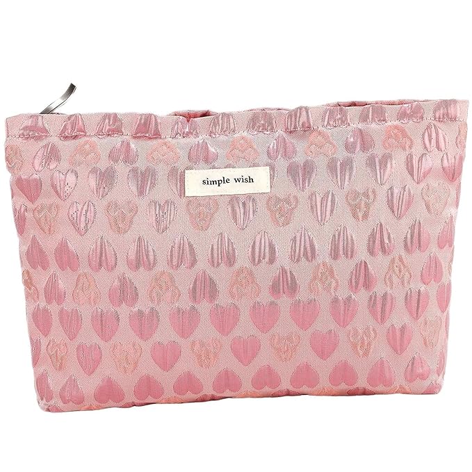 ZLFSRQ Heart Makeup Bag Travel Cute Cosmetic Bags for Women Large Toiletry Pouch Zipper Cosmetic Pouch for Purse Aesthetic Embroidery Makeup Organizer Bag Portable Toiletry Bags(Pink)