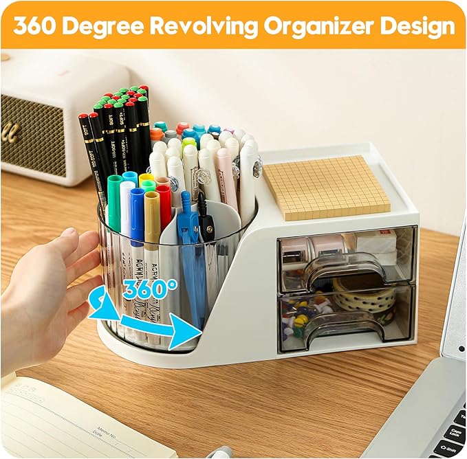 360° Rotating Desk Organizer - 6 Slots Pen and Pencil Holder with 2 Drawers, Art Supply Storage Box Caddy for Office, Home, School (White with 2 Drawer)