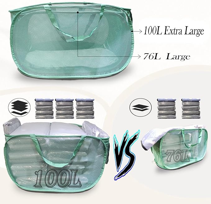 100L Foldable Laundry Baskets 2 Pack, Extra Large Mesh Pop Up Laundry Hamper, Dirty Clothes Hamper with Handles, Pop-up Hampers for Laundry Travel. Dorm or Home Portable Clothes Baskets.Green 2H