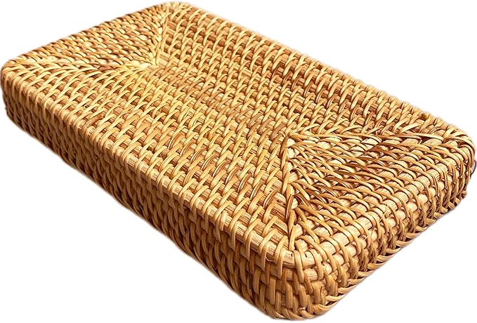 i-lan Natural Rattan Toilet Tank Basket, 10 Inch Narrow Bathroom Storage Tray for Toilet Paper & Hand Towels, Handwoven Wicker Over The Toilet Organizer, Small Vanity Shelf for Home Decor