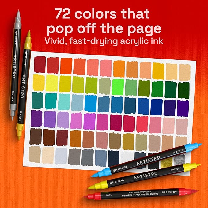 ARTISTRO 72 Acrylic Paint Markers - Paint Pens for Drawing, Brush + Fine Tips - For Fabric, Rock, Glass, Wood, DIY - Art & Craft Supplies for Adults, Teens, Kids - Teacher Appreciation Gift