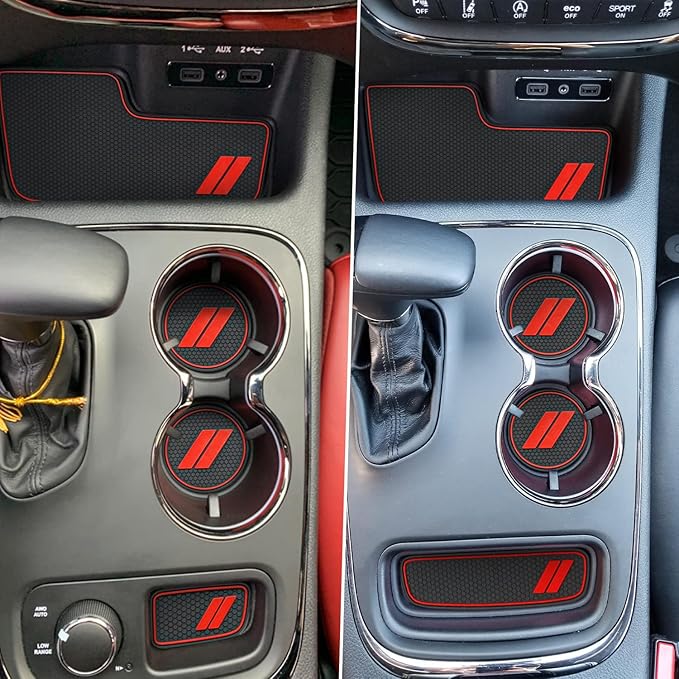 Center Console Mats for Durango Accessories 2014 2015 2016 2017 2018 2019 2020 Cup Holder Insert Coasters Custom Fit Cup Liners Pads Interior Decoration (Red Trim) - 5 Pcs Set