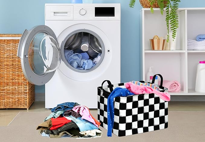 KUNRO Rectang Checkered Flag Storage Basket Gift Shelf Basket Storage Bin, Nursery Basket Organizer Box for With Handles for Room Deco