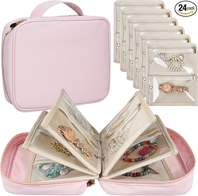 Travel Jewelry Organizer Case, Small Jewelry Bags for Traveling, Jewelry Binder with 24 Pcs Clear Zipper Velvet Pouches (Pink)