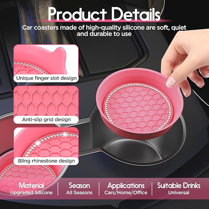 Amooca Car Cup Coaster Universal Non-Slip Cup Holders Bling Crystal Rhinestone Car Interior Accessories 2 Pack Peach Pink