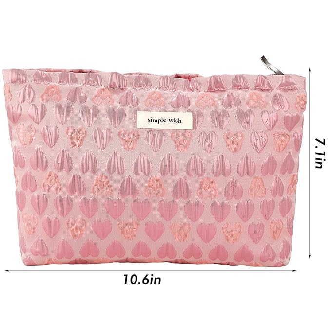 ZLFSRQ Heart Makeup Bag Travel Cute Cosmetic Bags for Women Large Toiletry Pouch Zipper Cosmetic Pouch for Purse Aesthetic Embroidery Makeup Organizer Bag Portable Toiletry Bags(Pink)