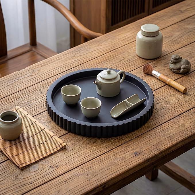 Round Concrete Decorative Tray for Coffee Table Decoration 12" Black Table Centerpieces Decorative Ottoman Tray for Serve Home Decoration Accent Bandejas Decorativas Gift