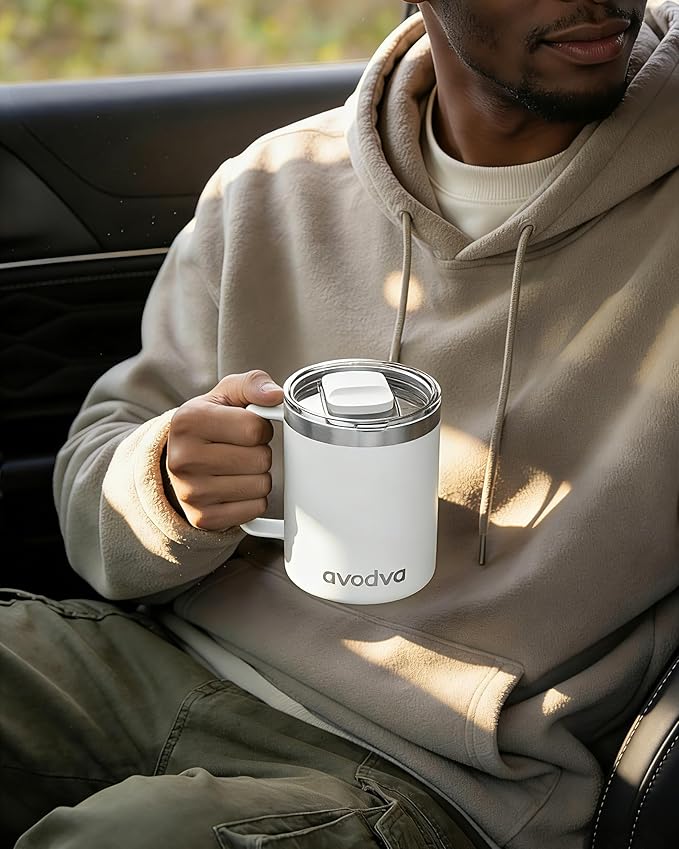 2 Pack 12oz Insulated Coffee Mug with Lids – Double Wall Stainless Steel Travel Cups with Handle, Keep Hot & Cold Drinks, Ideal Gift for Coffee Lovers, Home, Office & Camping, White