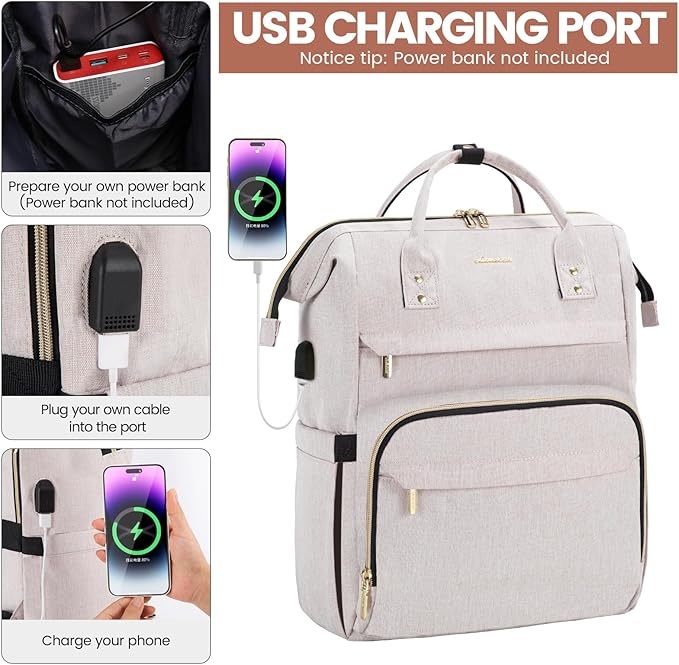 LOVEVOOK Laptop Backpack for Women, 17 Inch Professional Women's Travel Backpack Purse Computer Laptop Bag Nurse Teacher Backpack, Waterproof College Work Bags Carry-on Backpack with USB Port, Off-white
