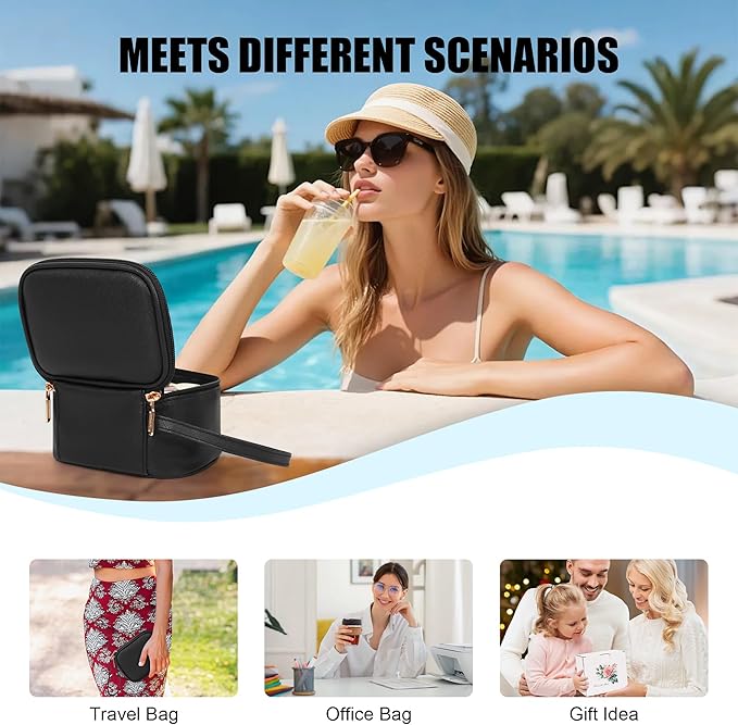 Relavel Mini Makeup Bag with Led Mirror, Small Cosmetic Bag with 3 Light Modes, Rechargeable Portable Makeup Pouch with Hands-Free Wrist Strap for Pool Parties丨Work Touch-Ups丨Travel - Black