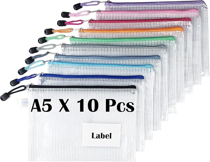 TRANBO 10pcs A5 Mesh Zipper Pouch with Lebal Pocket, Plastic Puzzle Bag for Organization, Clear Travel Pouches File Bag for Office Supplies