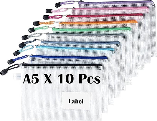 TRANBO 10pcs A5 Mesh Zipper Pouch with Lebal Pocket, Plastic Puzzle Bag for Organization, Clear Travel Pouches File Bag for Office Supplies