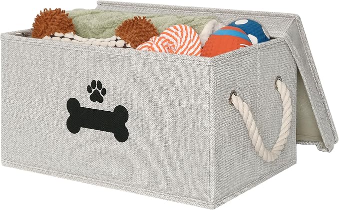 Dog Toy Basket with Lid, Dog Basket for Toys, Dogs Toy Box with Cotton Rope Handles, Collapsible Storage Bins for Pet Toys, Dogs Storage Organizer, Gray