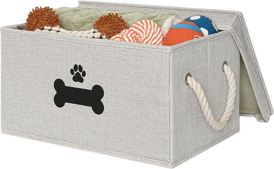 Dog Toy Basket with Lid, Dog Basket for Toys, Dogs Toy Box with Cotton Rope Handles, Collapsible Storage Bins for Pet Toys, Dogs Storage Organizer, Gray