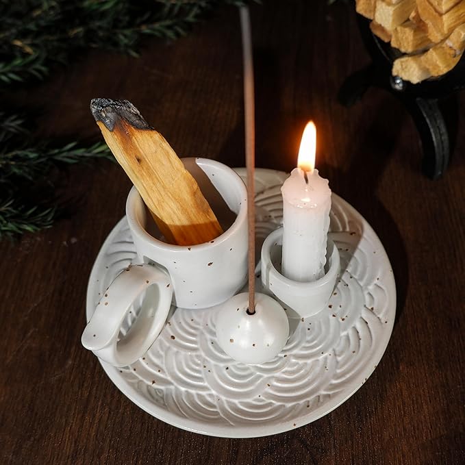 5-in-1 White Ceramic Palo Santo Burner & Holder - Small Candle and Smudge Tray for Incense Sticks & Cones, Sage, Zen Meditation Altar Accessory – Compatible with Matches for Aromatic Scents