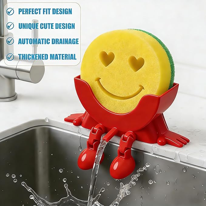 Cute Hanging Sponge Holder with Drainage, 3D Printed Kitchen Funny Sponge Stand for Sink, with Non-Slip Pads, Suitable for Scrub Daddy Holder, Keeps Your Sponge Dry and Smiling (Red)